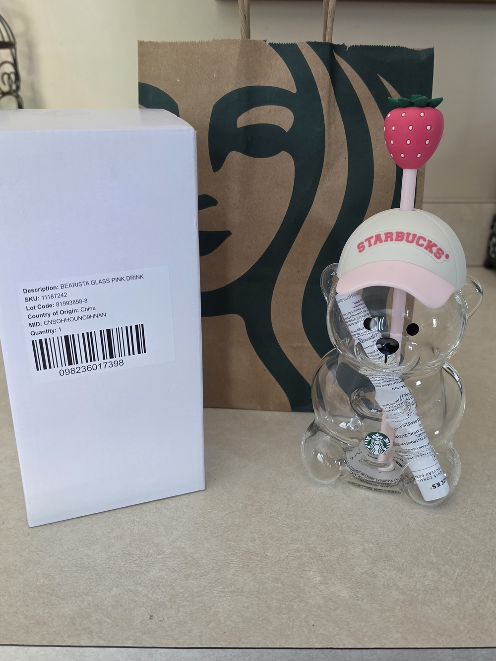 Starbucks Bearista Glass Pink Drink Bottle with Strawberry Straw